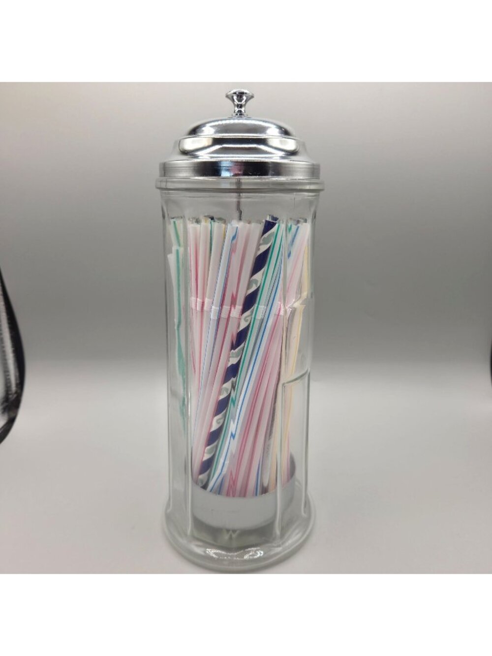 Gemco Retro Glass Straw Dispenser With Chrome Lid Malt Shop Style